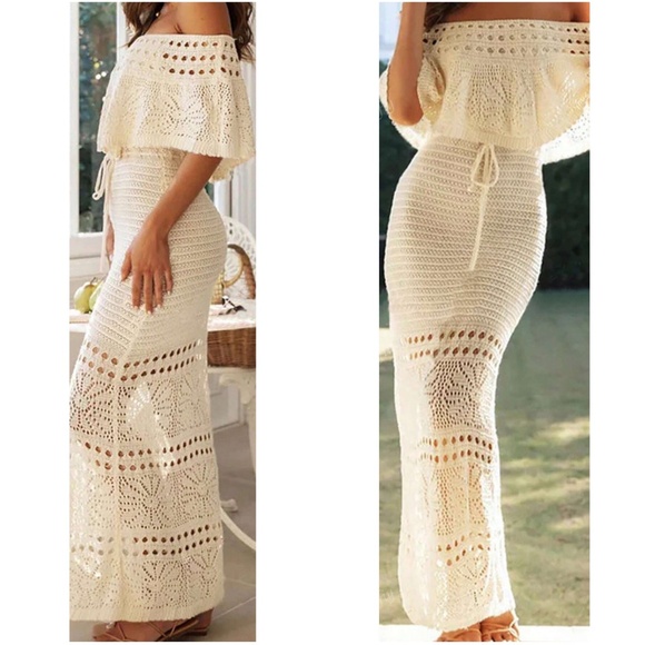 Boho Floral Crochet Off Shoulder High Waisted Maxi dress - Picture 2 of 2